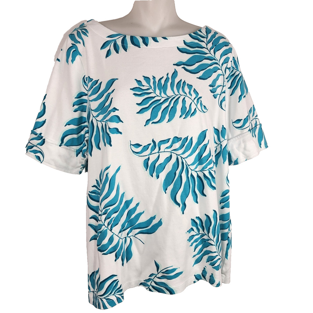 Chico's Womens Tee Pima Cotton Knit Tropical Floral Palm Leaf Ruffle Pullover XL